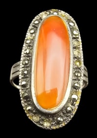 Vintage ca. 1930 Sterling Silver, Marcasite & Orange Carnelian Ring