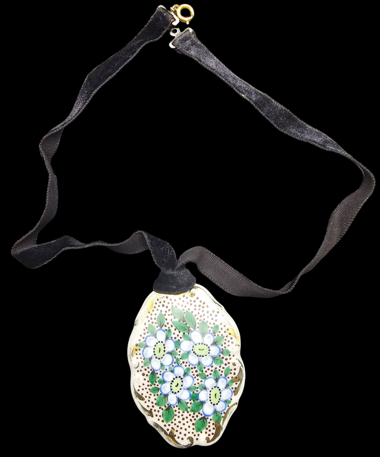 Antique BAVARIA Germany Hand Painted Porcelain Pendant on Fabric Necklace: Very good vintage condition with some patina and wear according to age. Measures approx. 9" long and weighs ca. ca. 14.7 grams SHIPPING: We ship in-house and charge a flat fee of $12 for any order of 