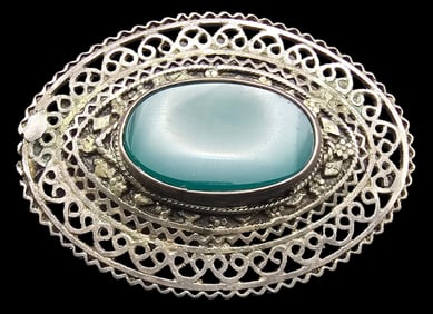 Vintage Israeli Sterling Silver & Green Gemstone Designer Brooch / Pendant