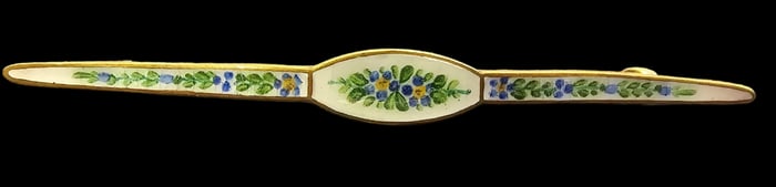 Vintage European Goldtone Metal & White Floral Enamel Bar Brooch