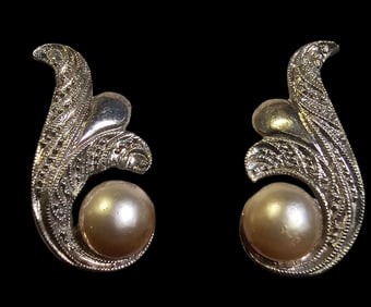 Pair of Vintage European Mid-Century 835 Silver & Pearl Earrings