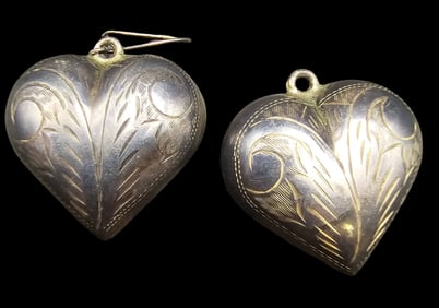 Pair of Ornate Vintage Sterling Silver Heart Earrings