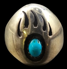 Vintage Southwestern Native American Sterling Silver & Turquoise Bear Claw Ring