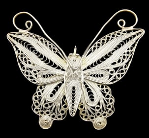 Vintage Handmade Sterling Silver Filigree Butterfly Pin Brooch