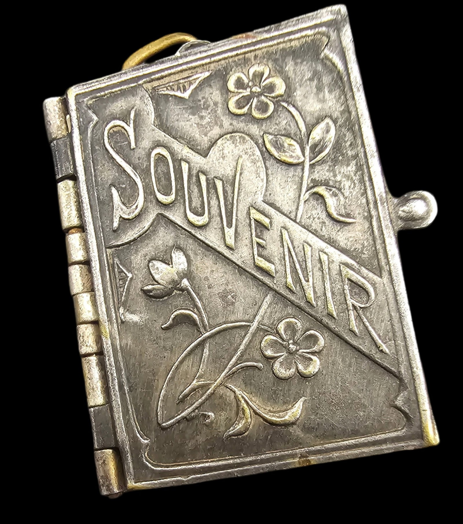 Antique French Silverplate Souvenir Book Locket Pendant: Very good vintage condition with some patina and wear according to age. Measures approx. 1" long and 1/2" wide and weighs ca. ca. 6 grams SHIPPING: We ship in-house and charge a flat fee of $12 for an