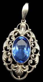Vintage European Art Deco 835 Silver & Blue Gemstone Pendant