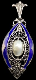 Vintage European Art Deco 835 Silver, Pearl & Blue Enamel Pendant