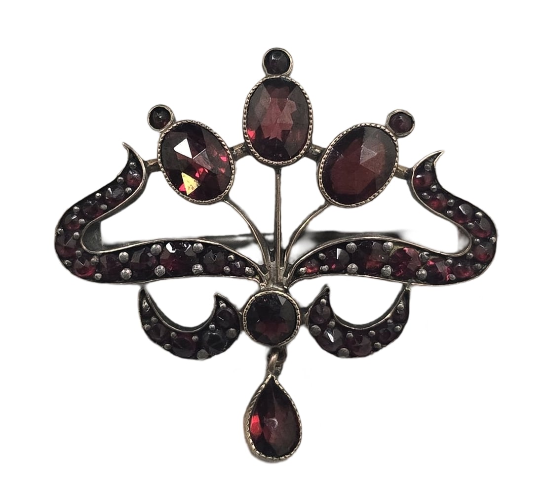 Ornate Antique ca. 1880 Victorian Bohemian Gilt Silver & Red Garnet Brooch Pin (1 of 7)