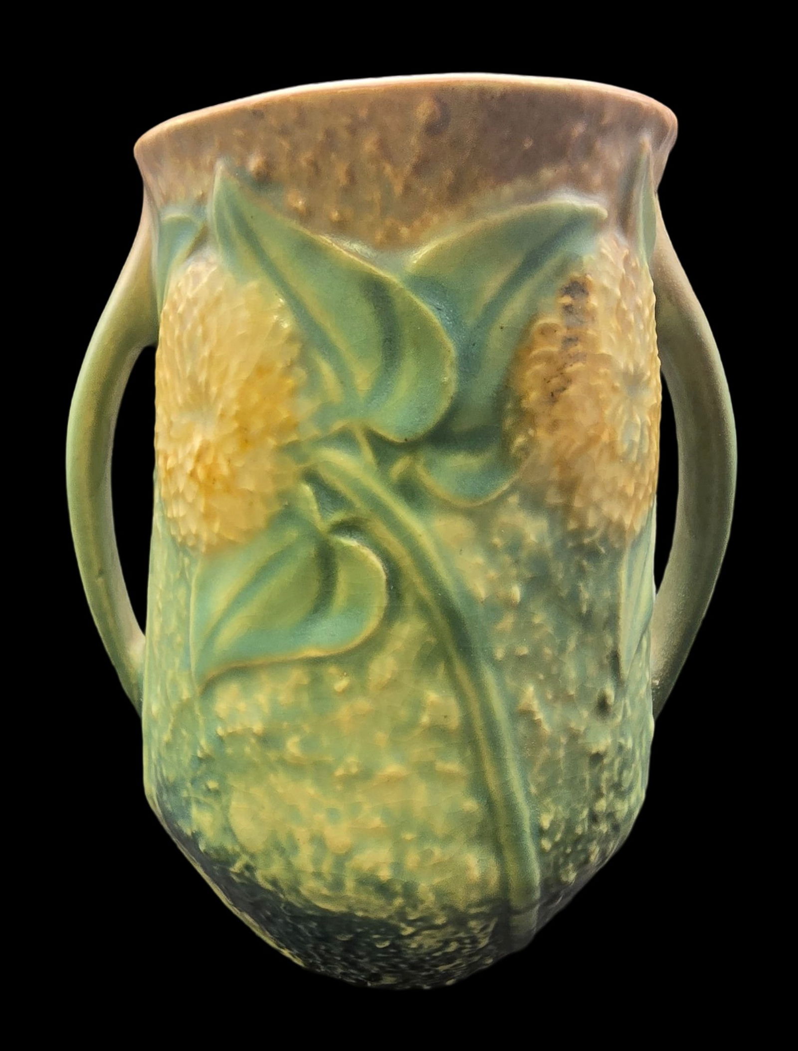 Vintage ROSEVILLE Art Pottery SUNFLOWER Green & Yellow Ceramic Vase (1 of 5)