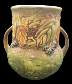 Vintage ROSEVILLE Art Pottery BLACKBERRY Green & Yellow Ceramic Vase