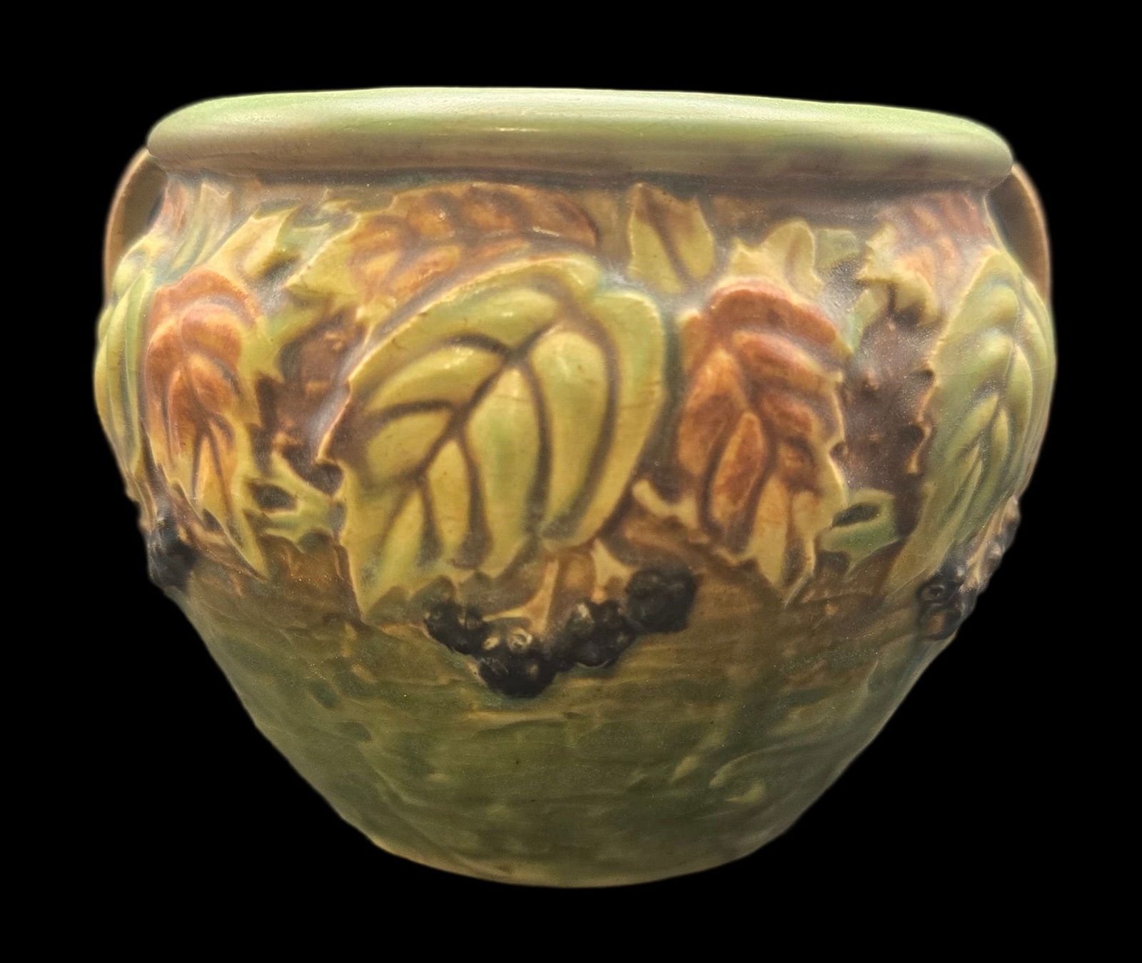 Vintage ROSEVILLE Art Pottery BLACKBERRY Green & Yellow Ceramic Planter (1 of 6)