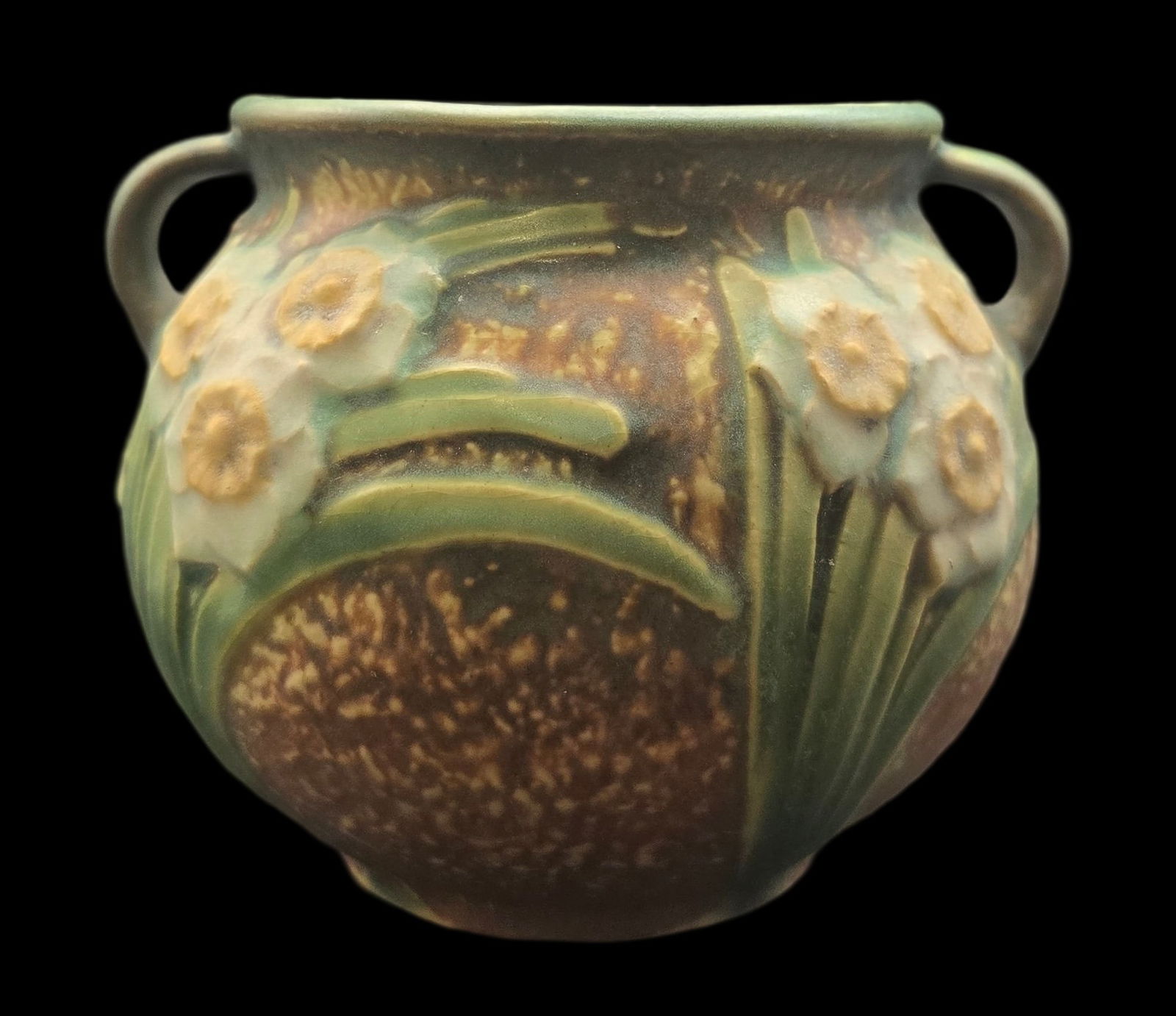 Vintage ROSEVILLE Art Pottery JONQUIL Green & Brown Ceramic Planter (1 of 5)