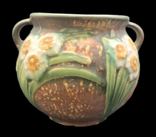 Vintage ROSEVILLE Art Pottery JONQUIL Green & Brown Ceramic Planter