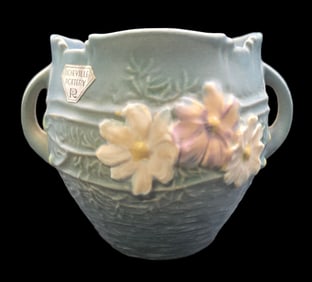 Vintage ROSEVILLE Art Pottery COSMOS Blue Ceramic Vase