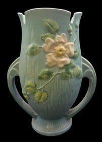 Vintage ROSEVILLE Art Pottery WHITE ROSE Blue Ceramic Vase