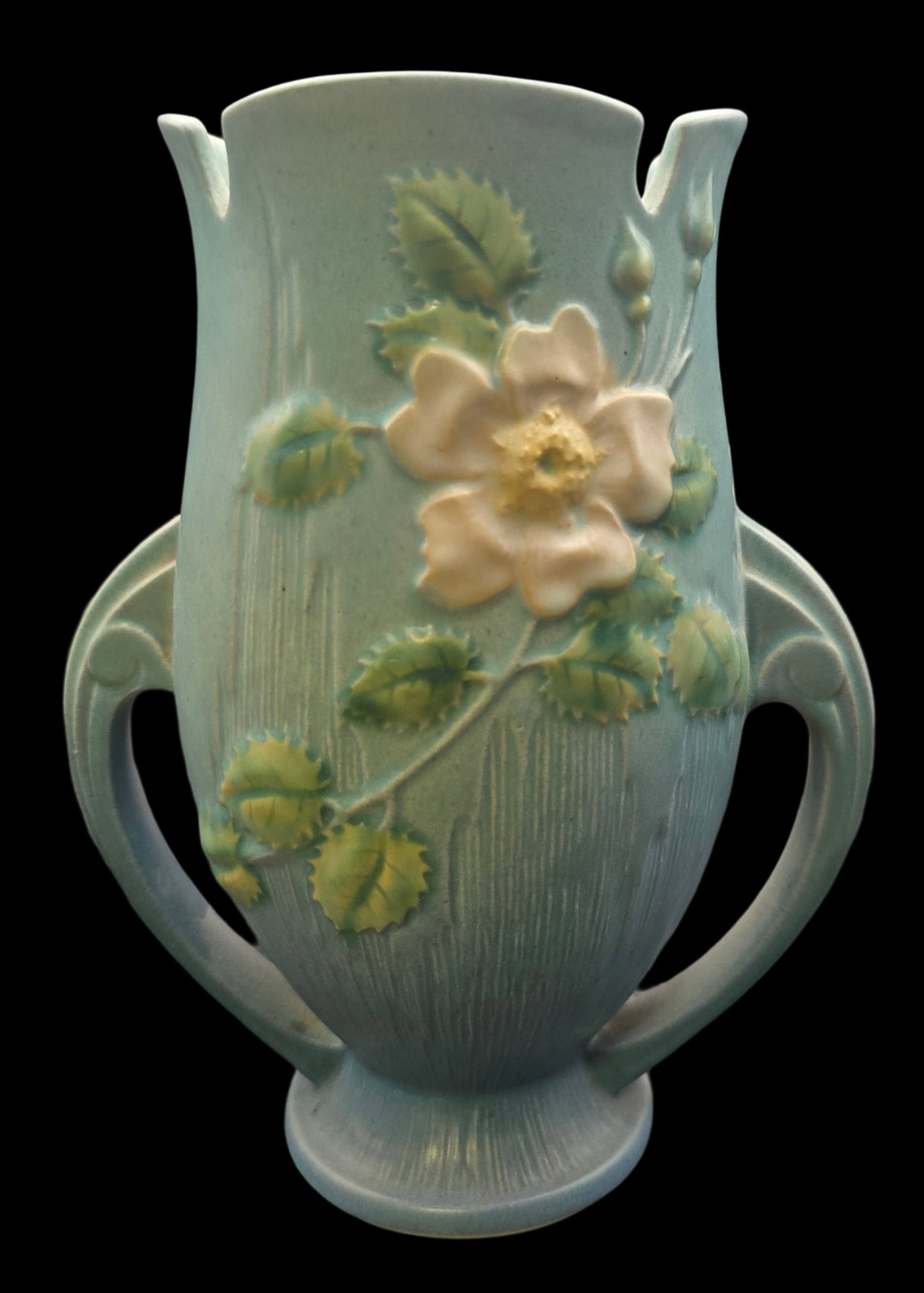 Vintage ROSEVILLE Art Pottery WHITE ROSE Blue Ceramic Vase: Very good vintage condition with minor wear according to age, please see pictures. No cracks or repairs. Measures approx. 9 1/2" high x 8" in diameter. Marked.