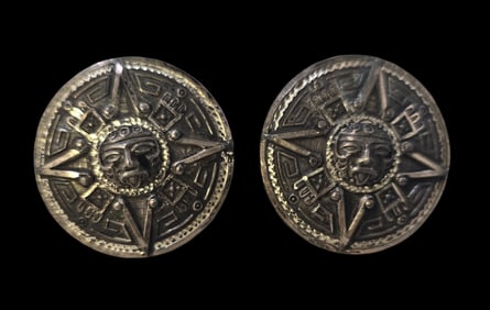 Unusual Pair of Vintage ca. 1960 Mexican Sterling Silver Mayan Theme Sun Dial Cufflinks