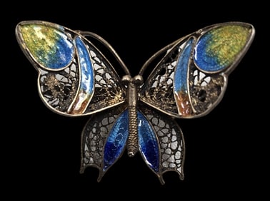 Vintage European 800 Silver & Enamel Filigree Butterfly Pin