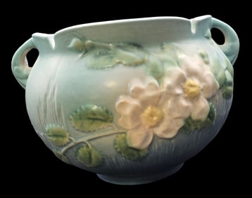 Vintage ROSEVILLE Art Pottery WHITE ROSE Blue Ceramic Planter