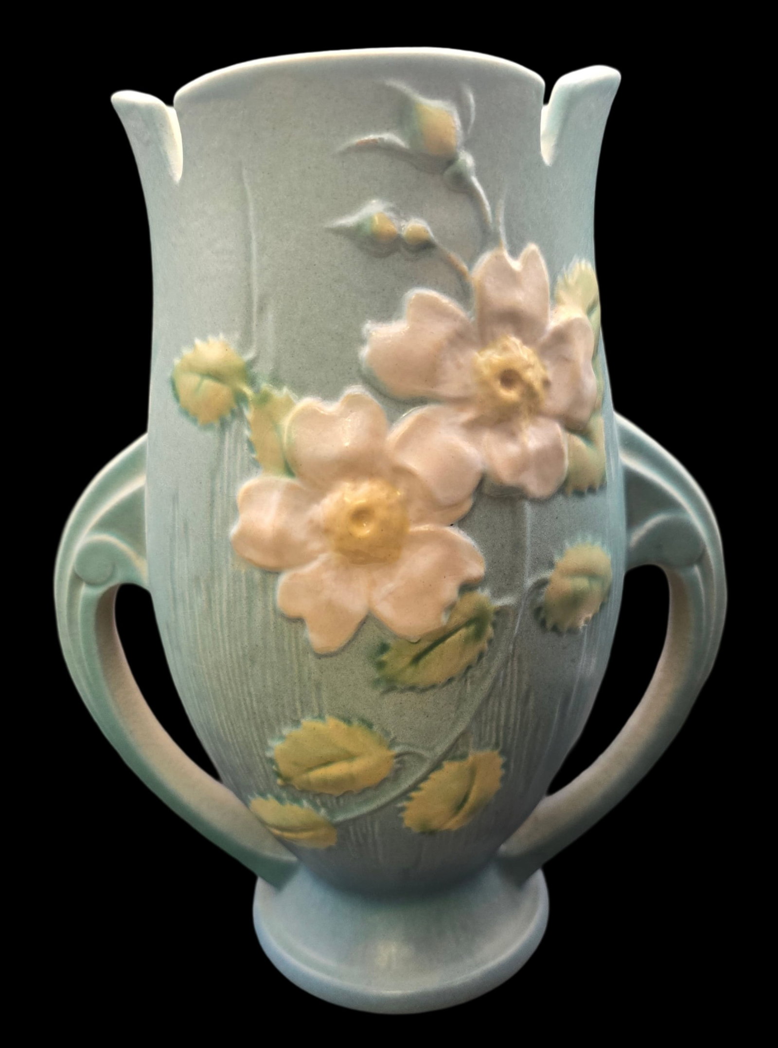 Vintage ROSEVILLE Art Pottery WHITE ROSE Blue Ceramic Vase: Very good vintage condition with minor wear according to age, please see pictures. No cracks or repairs. Measures approx. 9 1/2" high x 9" wide. Marked.
