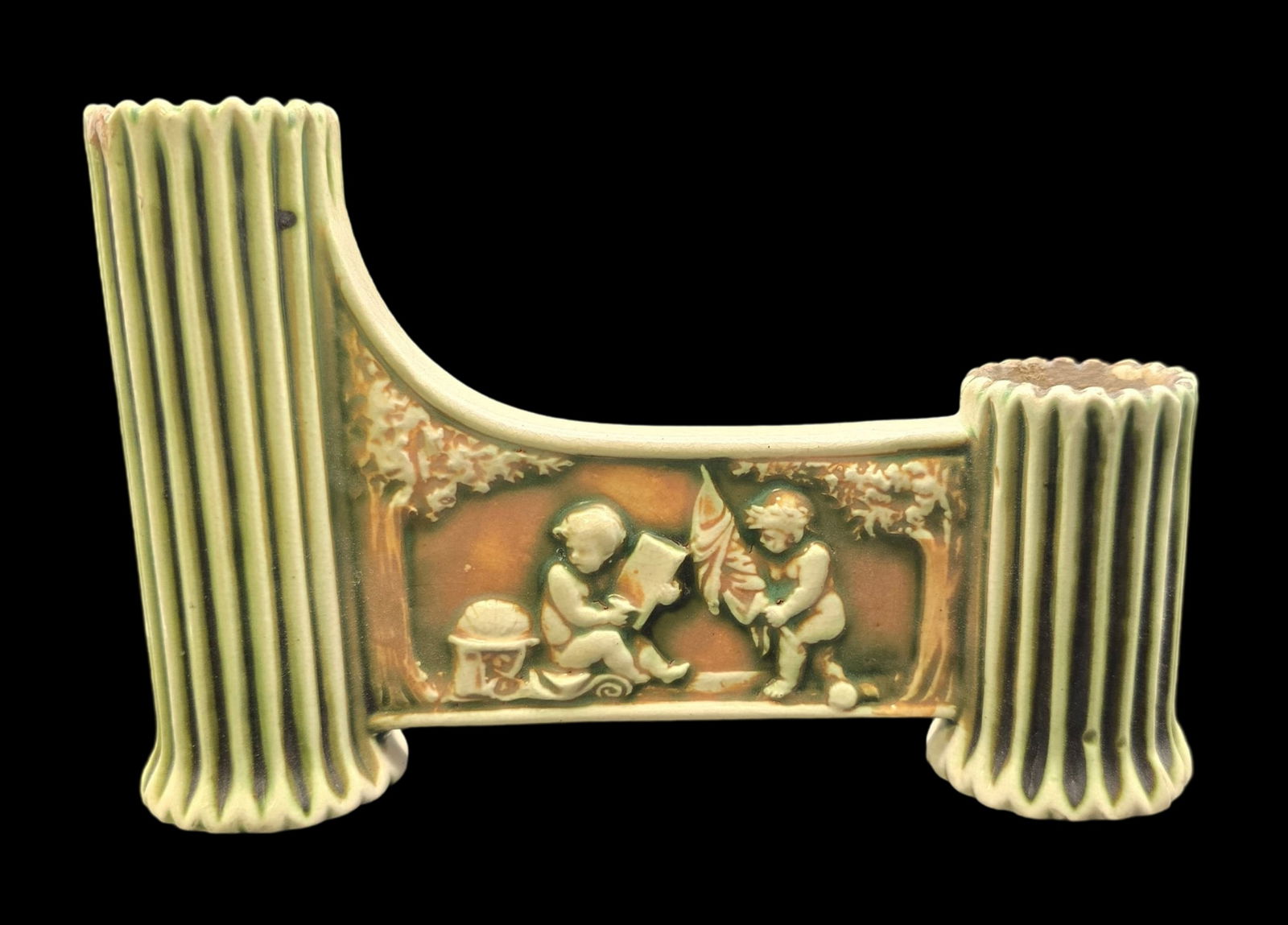 Vintage ROSEVILLE Art Pottery DONATELLO Green & Brown Ceramic Double Bud Vase (1 of 9)