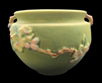 Vintage ROSEVILLE Art Pottery APPLE BLOSSOM Green Ceramic Planter