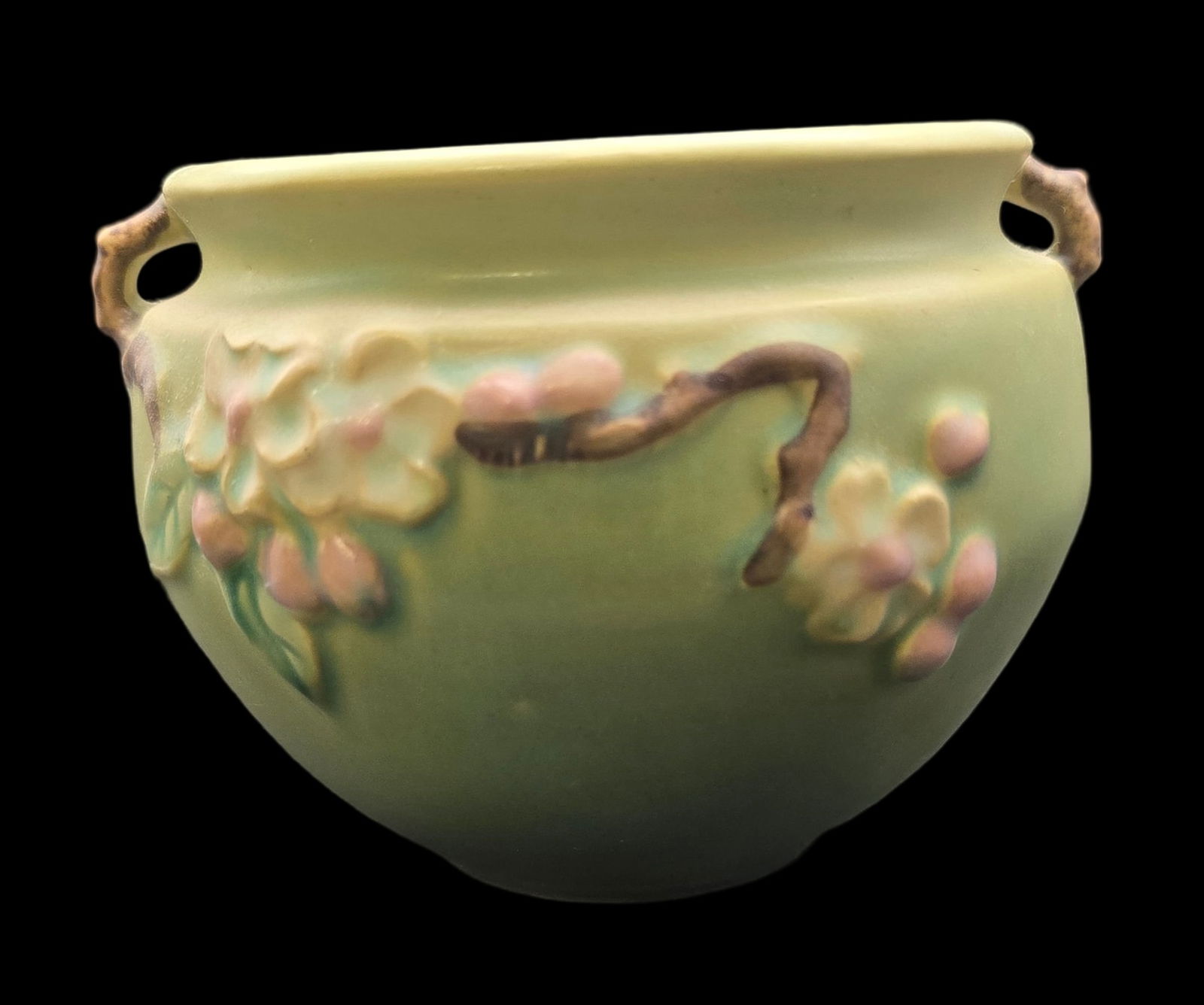 Vintage ROSEVILLE Art Pottery APPLE BLOSSOM Green Ceramic Planter (1 of 6)