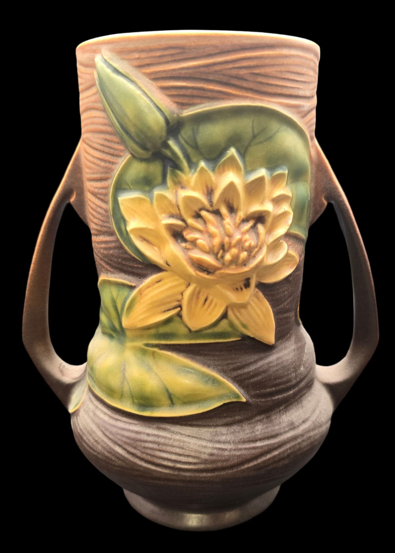 Vintage ROSEVILLE Art Pottery WATER LILY Brown Ceramic Vase (1 of 7)