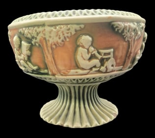 Vintage ROSEVILLE Art Pottery DONATELLO Green & Brown Ceramic Footed Compote