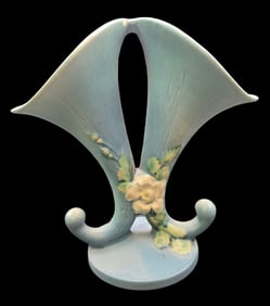 Vintage ROSEVILLE Art Pottery WHITE ROSE Blue Ceramic Double Cornucopia Vase