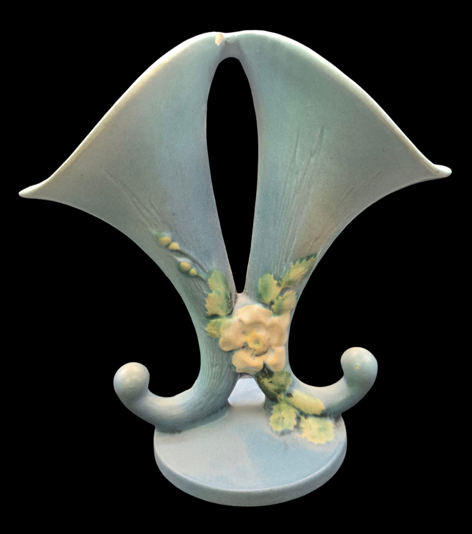 Vintage ROSEVILLE Art Pottery WHITE ROSE Blue Ceramic Double Cornucopia Vase (1 of 8)