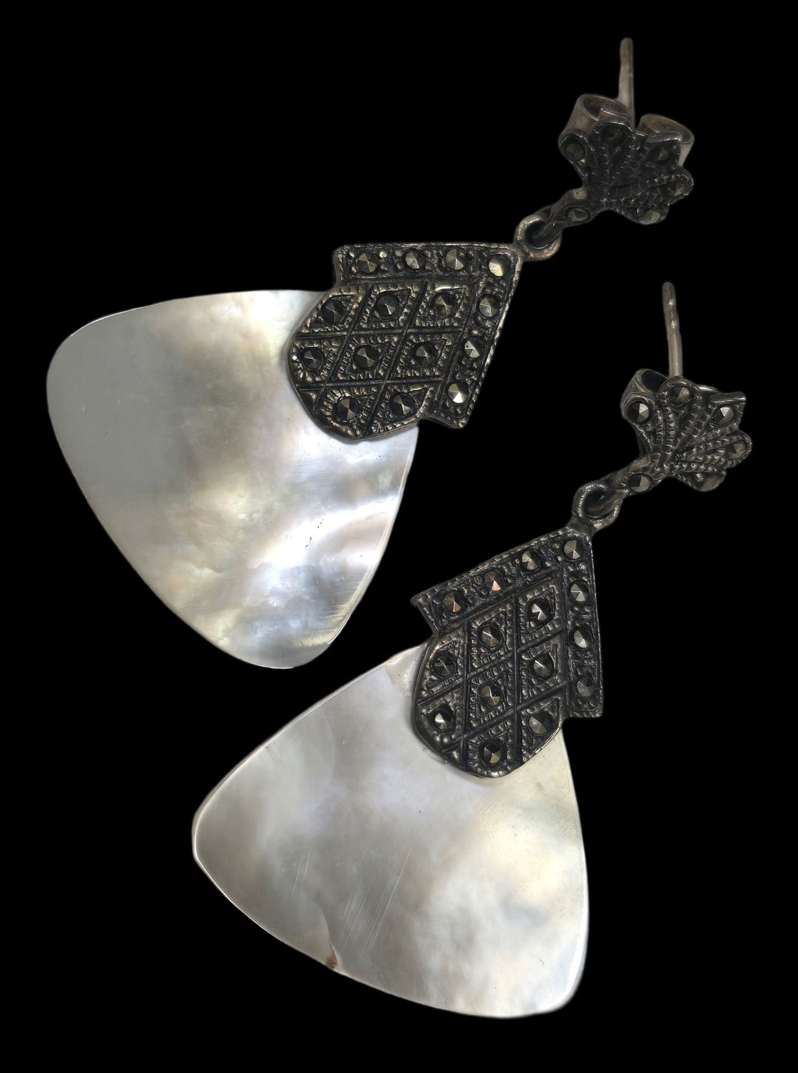 Stylish Vintage Sterling Silver & Mother of Pearl Dangle Earrings (1 of 5)