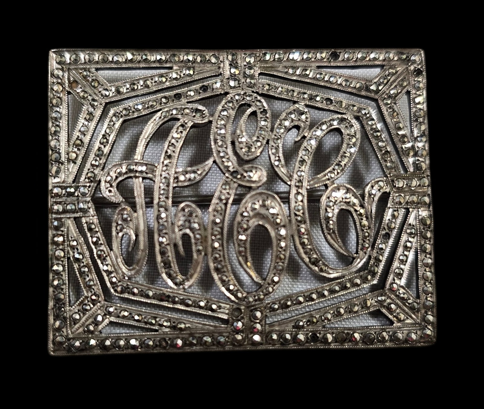 Vintage Sterling Silver & Marcasite Monogrammed Designer Brooch: Very good vintage condition with some patina according to age, please see pictures. Measures approx. 2" wide x 1 1/2" long and weighs ca. 18 grams. Marked and carrying a designer signature.