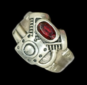 Very Unusual Vintage Sterling Silver & Gemstone Twin Cylinder Engine / Motor Ring