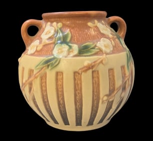 Vintage ROSEVILLE Art Pottery CHERRY BLOSSOM Brown & Tan Vase