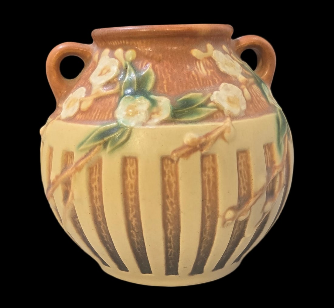 Vintage ROSEVILLE Art Pottery CHERRY BLOSSOM Brown & Tan Vase (1 of 6)