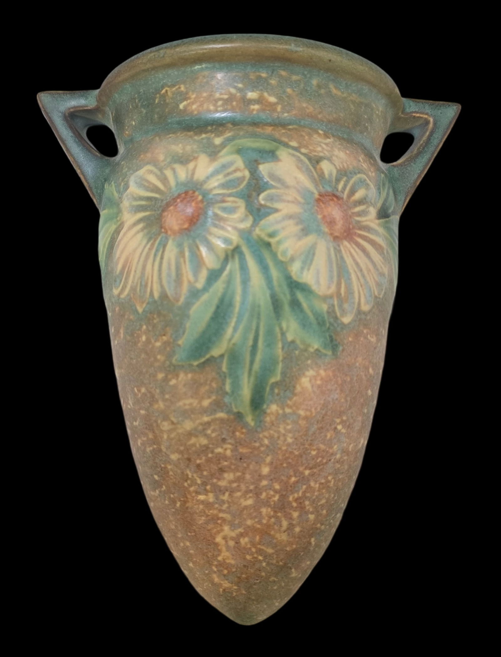 Vintage ROSEVILLE Art Pottery DAHLROSE Brown & Green Ceramic Wall Pocket (1 of 5)