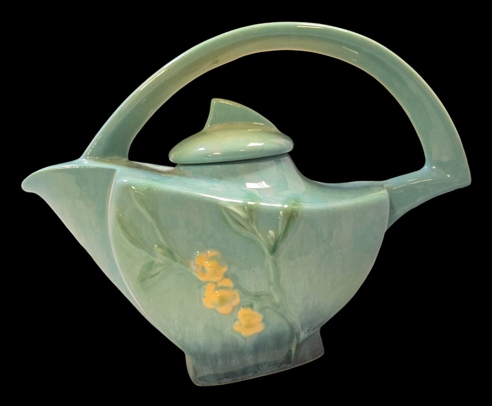 Vintage ROSEVILLE Art Pottery WINCRAFT Blue Tea Pot: Very good vintage condition with minor wear according to age, please see pictures. No cracks or repairs. Measures approx. 7" high x 10" wide. Marked.