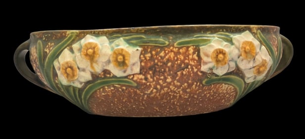Vintage ROSEVILLE Art Pottery SNOWBERRY Brown & Green Ceramic Centerpiece Bowl