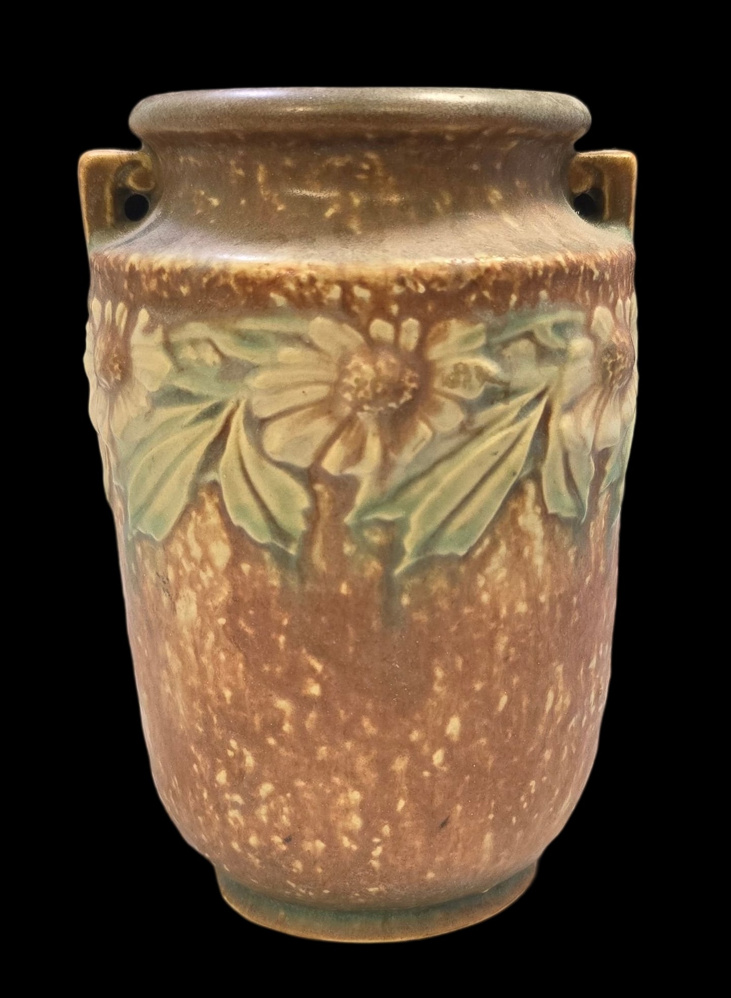 Vintage ROSEVILLE Art Pottery DAHLROSE Brown & Green Ceramic Urn: Very good vintage condition with minor wear according to age, please see pictures. No cracks or repairs. Measures approx. 6" high x 4" wide. Marked.