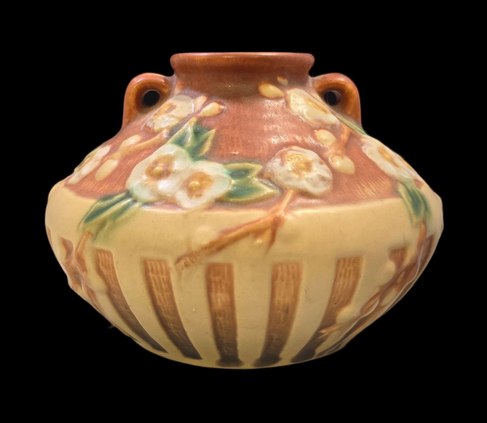 Vintage ROSEVILLE Art Pottery CHERRY BLOSSOM Brown Vase (1 of 6)