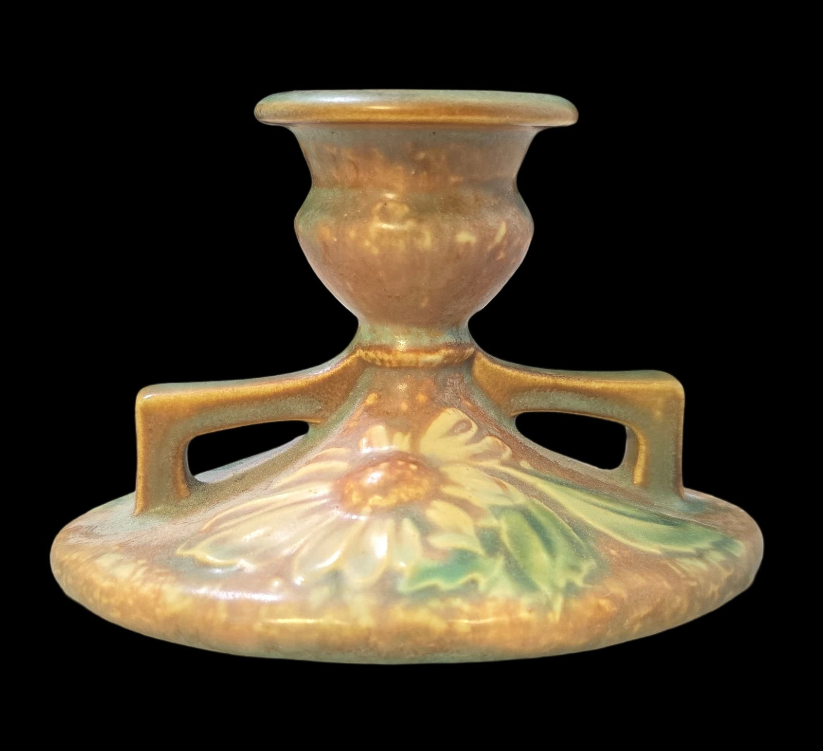 Vintage ROSEVILLE Art Pottery DAHLROSE Brown & Green Ceramic Candle Holder: Very good vintage condition with minor wear according to age, please see pictures. No cracks or repairs. Measures approx. 3 1/2" high x 6" wide. Marked.