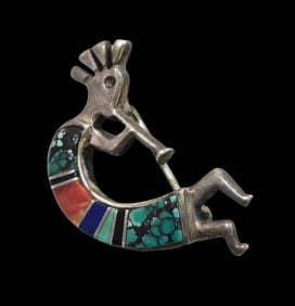Vintage Native American Sterling Silver & Inlaid Gemstone Kokopelli Pin