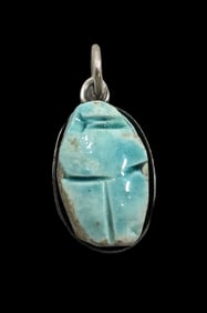 Antique Egyptian Revival Sterling Silver & Faience Scarab Pendant