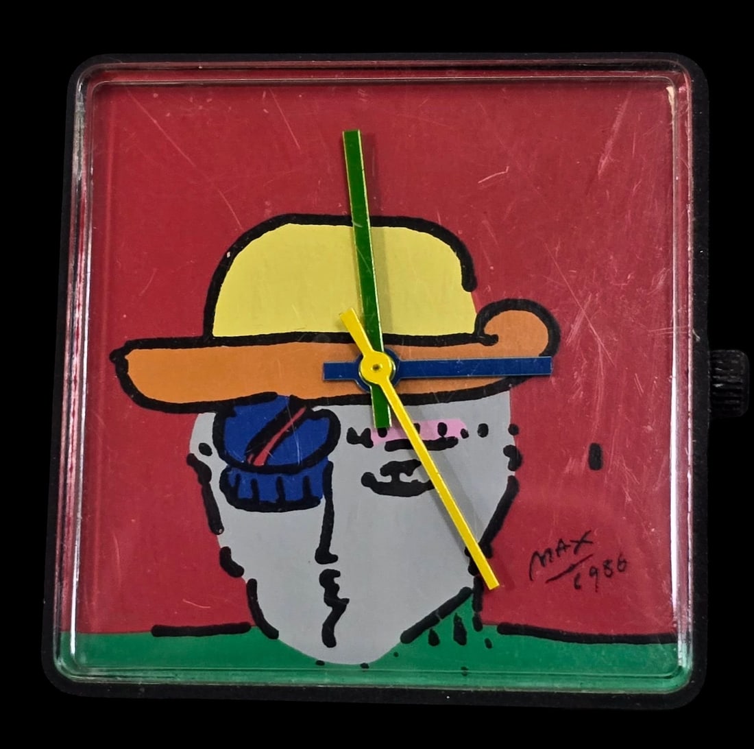 Rare Vintage 1986 PETER MAX Stainless Steel & Leather Strap Quartz Wristwatch: Good vintage working condition with minor wear according to age. Measures approx. 8 1/2" long x 1 1/2" wide (case).