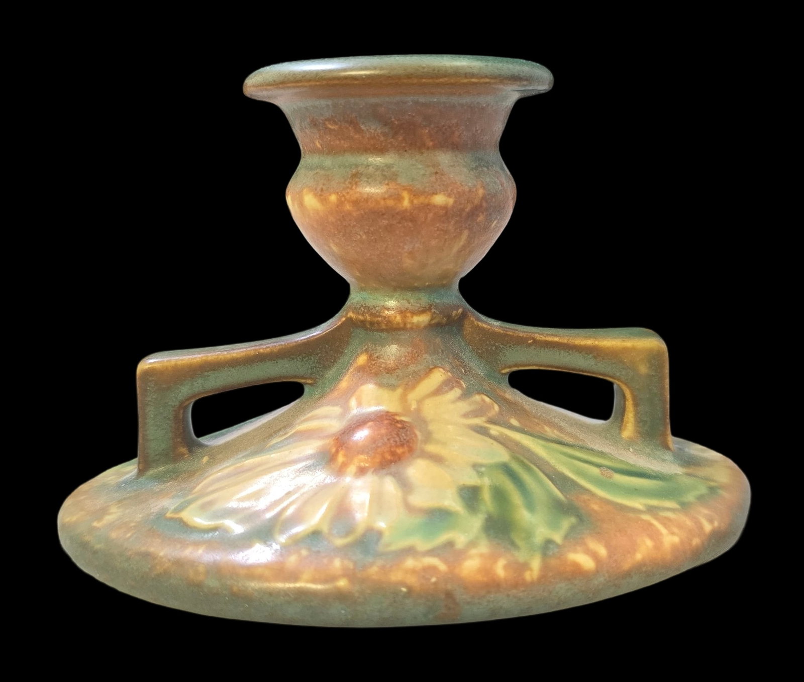 Vintage ROSEVILLE Art Pottery DAHLROSE Brown & Green Ceramic Candle Holder: Very good vintage condition with minor wear according to age, please see pictures. No cracks or repairs. Measures approx. 3 1/2" high x 6" wide. Marked.