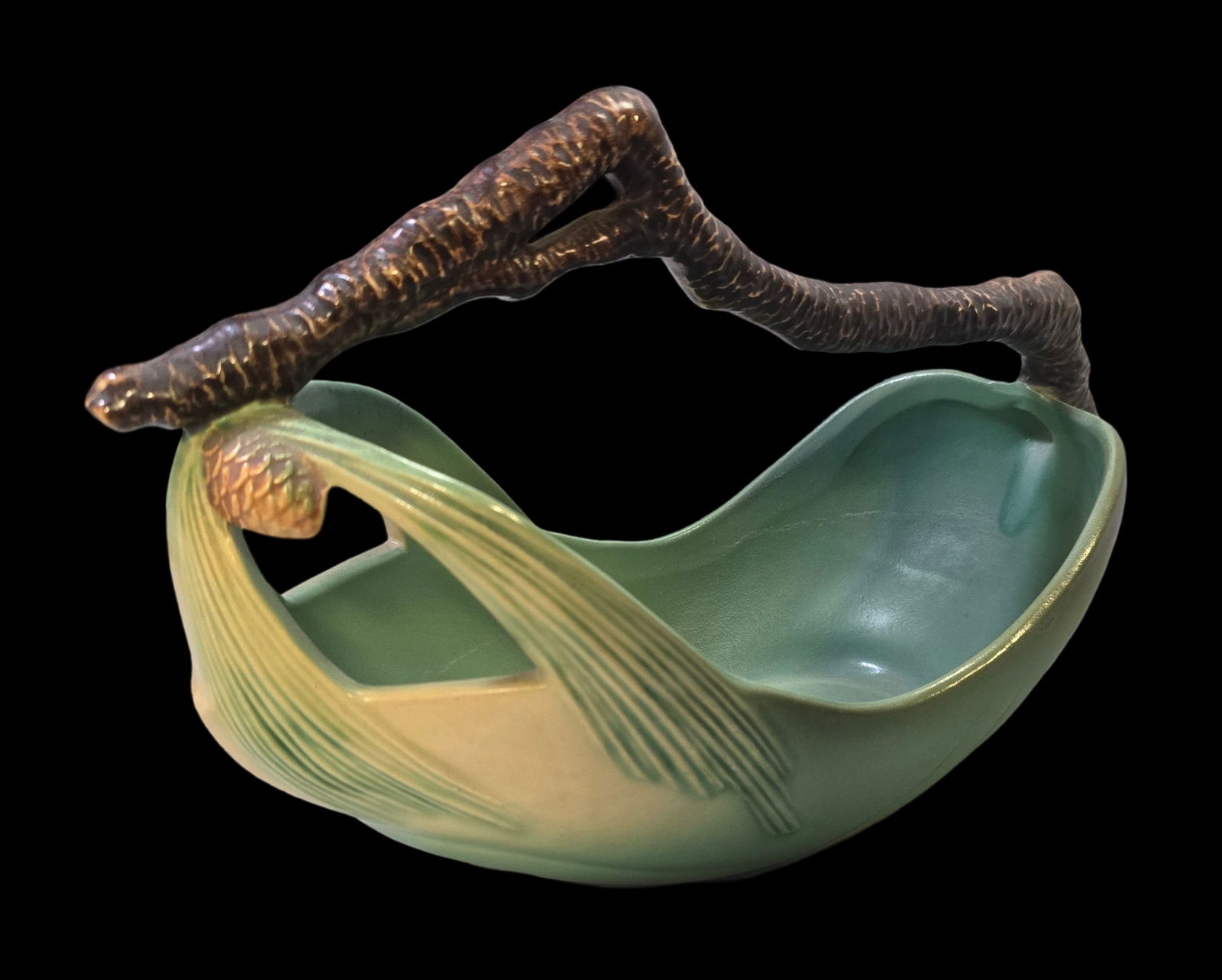 Vintage ROSEVILLE Art Pottery PINECONE Green & Brown Ceramic Basket (1 of 7)