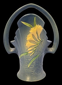 Vintage ROSEVILLE Art Pottery FREESIA Blue Ceramic Basket Vase