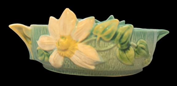 Vintage ROSEVILLE Art Pottery CLEMATIS Green Ceramic Console Bowl