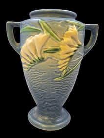 Vintage ROSEVILLE Art Pottery FREESIA Blue Ceramic Vase